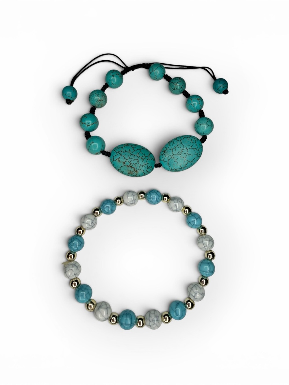 Turquoise Beaded Bracelet Duo - Blue & Gray Accents